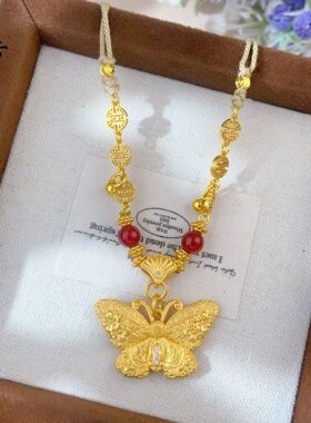 古法沙金国潮风高级感蝴蝶吊坠diy福蝶迭至项链时尚百搭款毛衣链