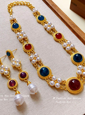 中古vintage项链几何人造珍珠双层锁骨链宫廷风时尚个性项饰批发