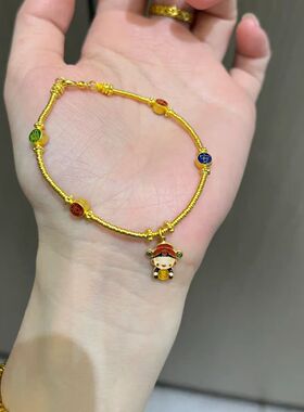 越南沙金黄金色烧蓝小财神手链新中式多宝串珠镀金珐琅彩手饰饰品