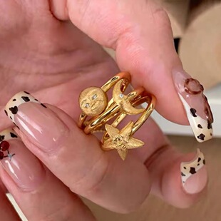 vintage中古金色拉丝星星月亮戒指人脸表情独特设计轻奢复古指环