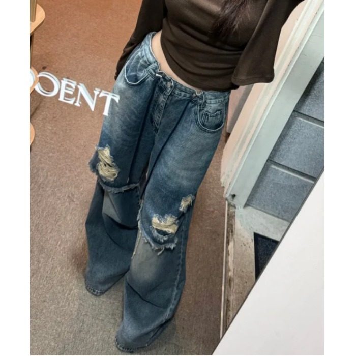 韩国 复古 蓝 膝盖破洞抽绳宽松阔腿休闲长裤牛仔裤女,女装/女士精品,牛仔裤,淘宝优惠券,粉丝福利购,淘宝优惠卷