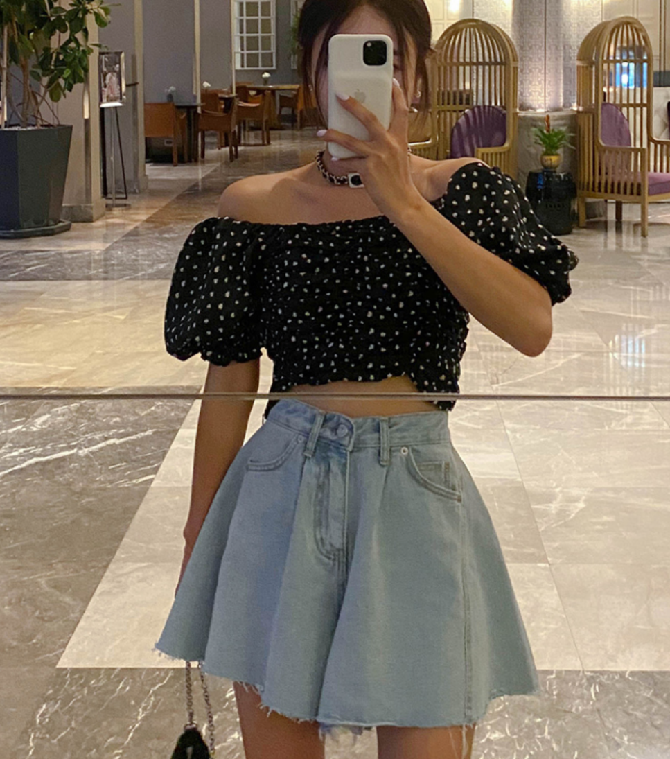 韩国东大门chic 夏季复古高腰双口袋宽松阔腿毛边牛仔短裤裙裤女
