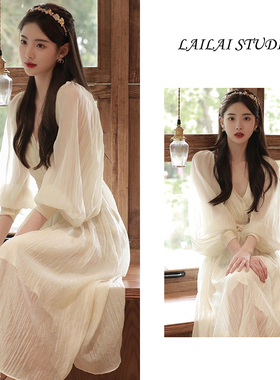 法式气质仙女初恋裙新款女装宫廷风小众高级感收腰显瘦雪纺连衣裙