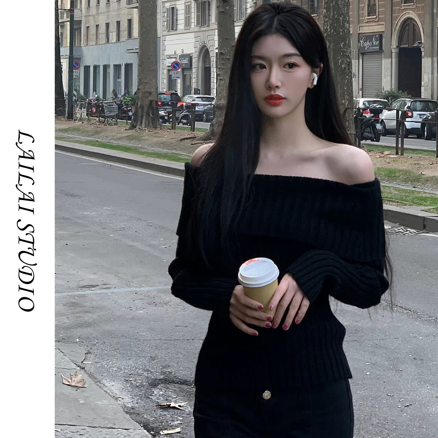 温柔锁骨一字肩针织衫2025秋冬新款黑色高级感毛衣外穿修身上衣女