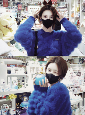 克莱因蓝色毛衣女小个子新款女装复古慵懒风宽松圆领气质针织上衣