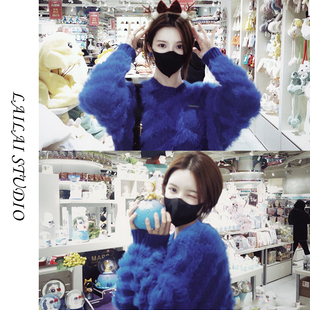 克莱因蓝色毛衣女小个子新款女装复古慵懒风宽松圆领气质针织上衣