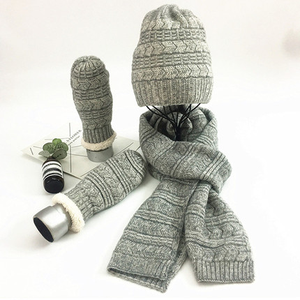 羊毛针织帽子毛线围巾手套冬季保暖情侣三件套冬男成人女长款围巾