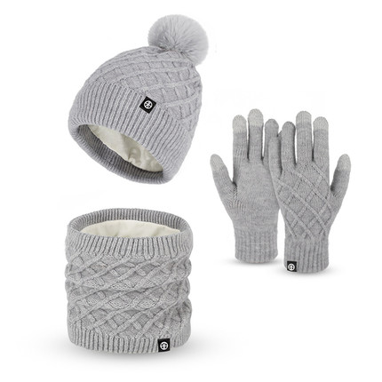 羊驼绒男女冬季天保暖毛线帽子加绒围脖手套防寒针织帽三件套装