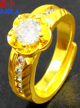镀金戒指女士镀沙金指环结婚珠宝首饰大气镀金戒指 合成锆石戒指