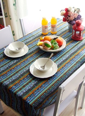 复古民族风绿色烫金条纹棉麻桌布酒吧餐厅民宿东南亚餐桌茶几盖布