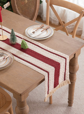 棉麻复古红色桌旗美式编织流苏餐垫圣诞新年长条茶几盖巾美食拍照