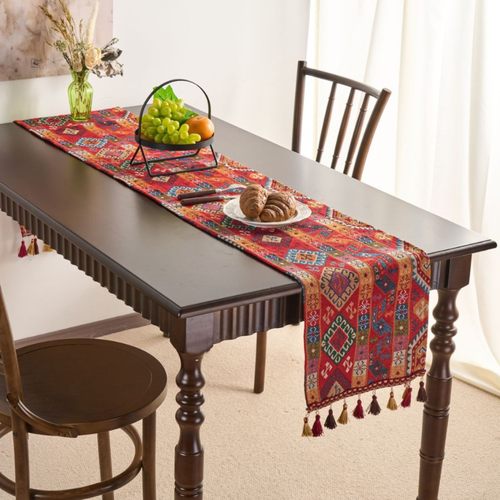 法式红色喜庆几何提花流苏桌旗