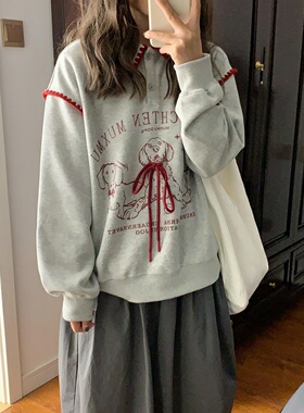学院风灰色拼接小狗Polo衫长袖卫衣女秋冬宽松翻领内搭打底衫上衣