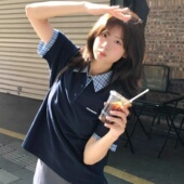 拼接格纹宽松撞色上衣 t恤女夏季 韩系学院风假两件正肩Polo衫 短袖