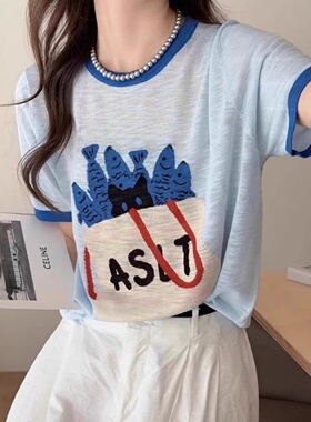 韩系蓝色卡通印花冰丝竹节棉麻正肩短袖t恤女夏季小个子薄款上衣