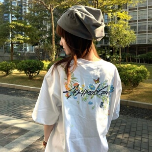 设计感小众宽松百搭上衣 新款 重工刺绣花卉纯棉短袖 白色T恤女夏季