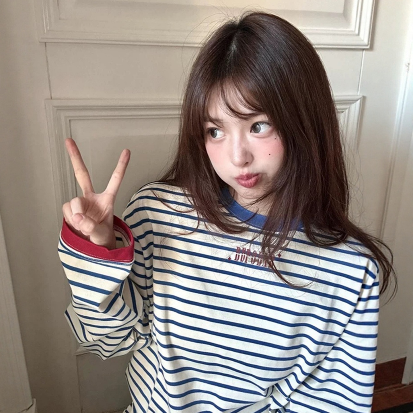 韩系复古条纹拼接撞色长袖t恤女