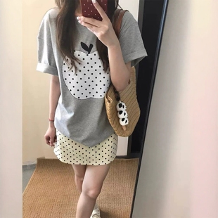 韩系创意波点苹果刺绣贴布短袖 设计感小众纯棉宽松上衣 T恤女夏季