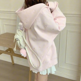 韩系学院风甜美粉色kitty刺绣连帽卫衣外套女秋冬季 上衣 宽松开衫