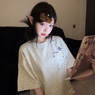 宽松百搭上衣 设计感小众半袖 韩系甜美雪花刺绣纯棉短袖 T恤女夏季