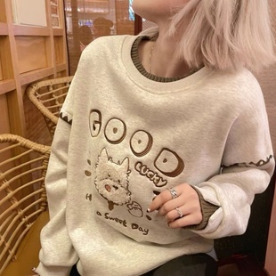 韩系刺绣撞色假两件圆领卫衣女秋冬季 加绒加厚宽松无帽学院风上衣