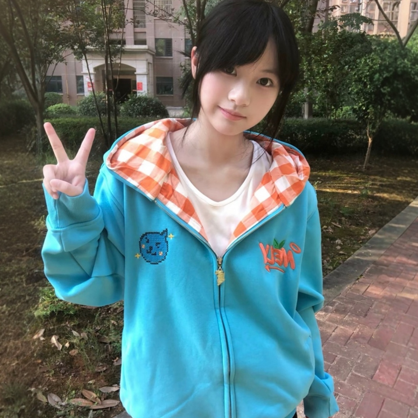 学院风蓝色刺绣连帽卫衣外套女