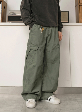 DRINK LIFE日系复古cleanfit军绿色多口袋工装裤重磅宽松弯刀裤男