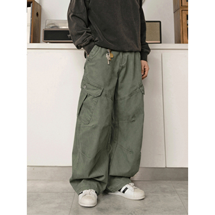 重磅宽松弯刀裤 裤 男 LIFE日系复古vintage军绿色多口袋工装 DRINK