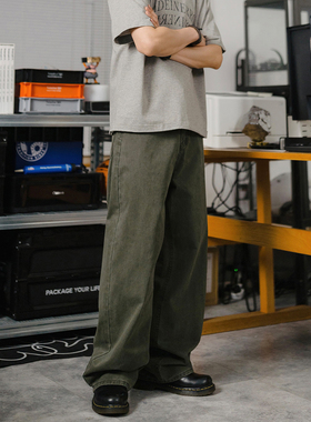 DRINK LIFE美式复古cleanfit军绿色水洗做旧简约宽松直筒休闲裤男