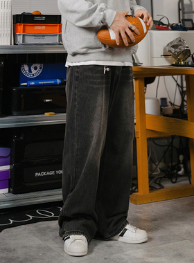DRINK LIFE 美式复古 水洗宽松直筒黑色牛仔裤男女款做旧水洗长裤