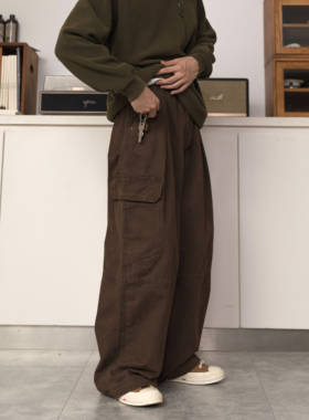 DRINK LIFE美式复古cleanfit多口袋拼接褶皱工装裤男潮阔腿长裤女