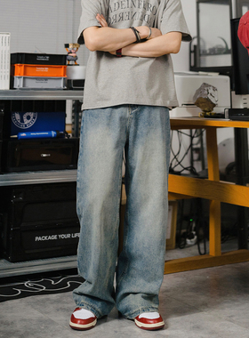 DRINK LIFE美式复古宽松牛仔裤男直筒水洗做旧cleanfit浅色牛仔裤