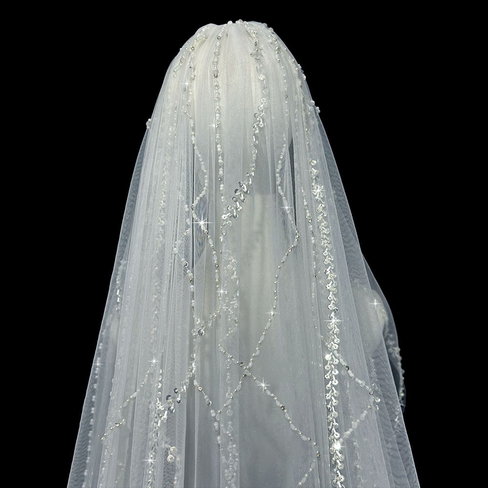 新款新娘结婚主婚纱头纱纯手工重工头纱长款珍珠亮片拖尾头纱头饰