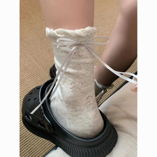 仙仙系列夏季 三色蝴蝶结镂空后跟飘带设计ins花边泡泡中筒袜少女