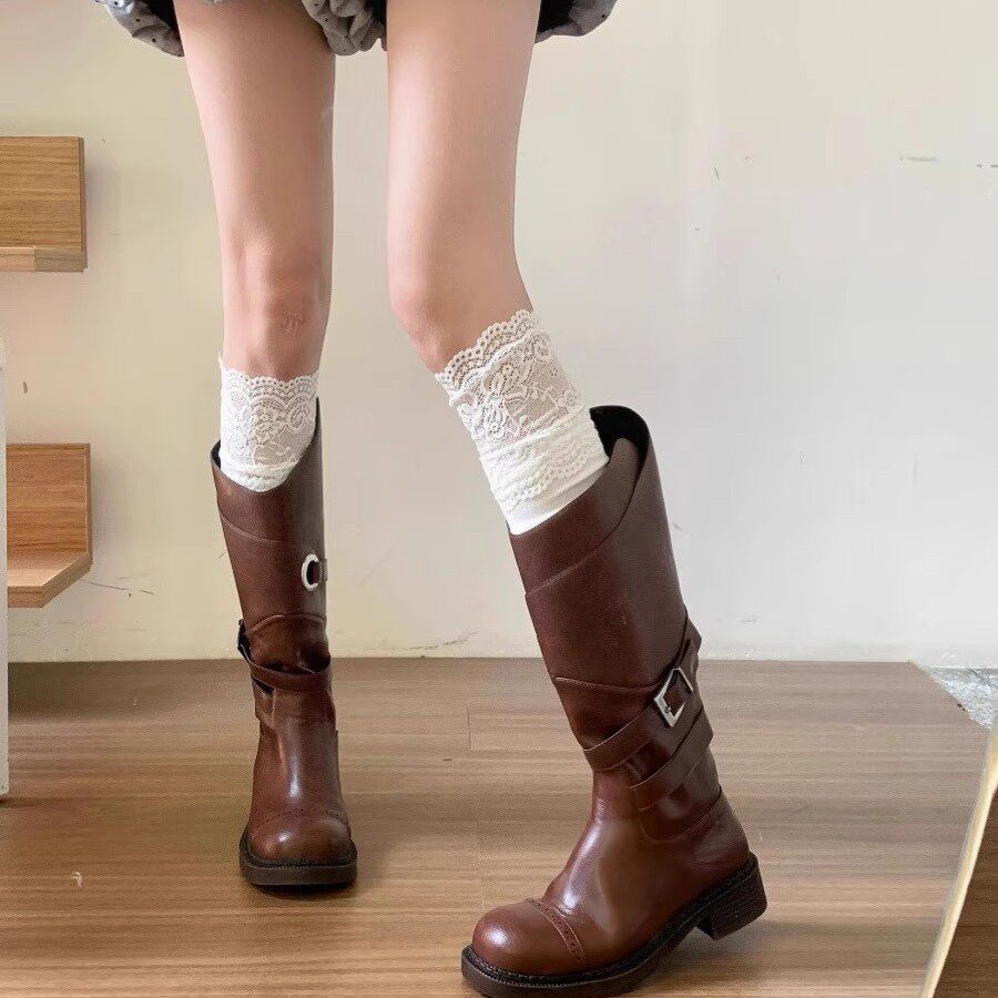 袜子女白色竖条纹蕾丝袜花边过膝袜小众时髦长筒堆堆靴袜诸暨批发
