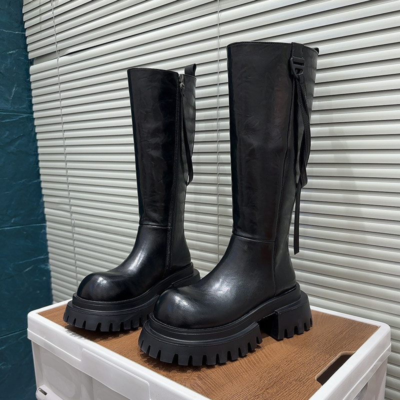 欧洲站真皮马丁靴女走秀款大头机车靴不过膝长靴厚底小个子骑士靴,女鞋,马丁靴,淘宝优惠券,粉丝福利购,淘宝优惠卷