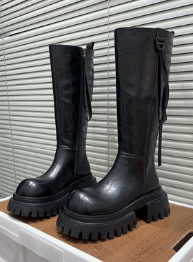 欧洲站真皮马丁靴女走秀款大头机车靴不过膝长靴厚底小个子骑士靴