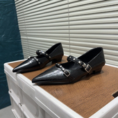 复古风尖头玛丽珍鞋 百搭 饰粗跟浅口单鞋 女2026春季 一字扣带铆钉装