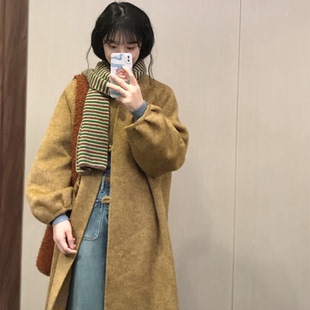 复古秋叶黄双面羊毛大衣2025秋冬季女长款韩版宽松高级感毛呢外套