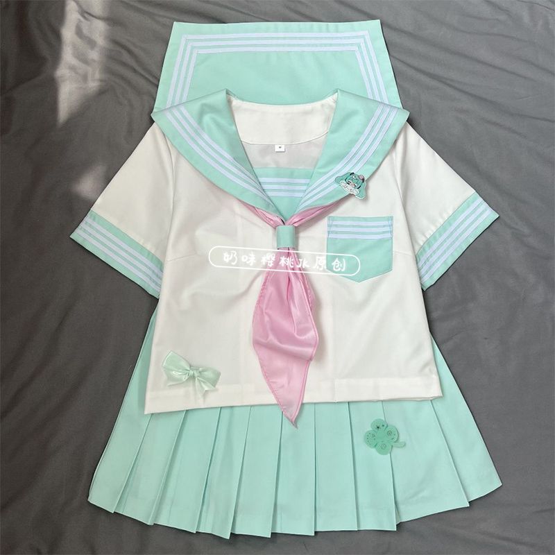绿三本原创jk制服学院水手服基础夏季短袖百褶裙软妹可爱套装上衣