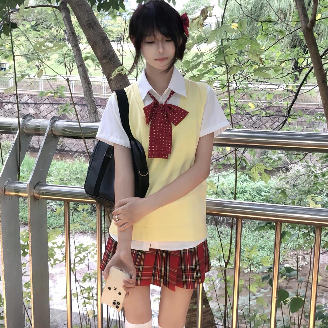 原创正版日系jk制服毛衣校供感学院风叠穿针织马甲小辣椒格裙套装
