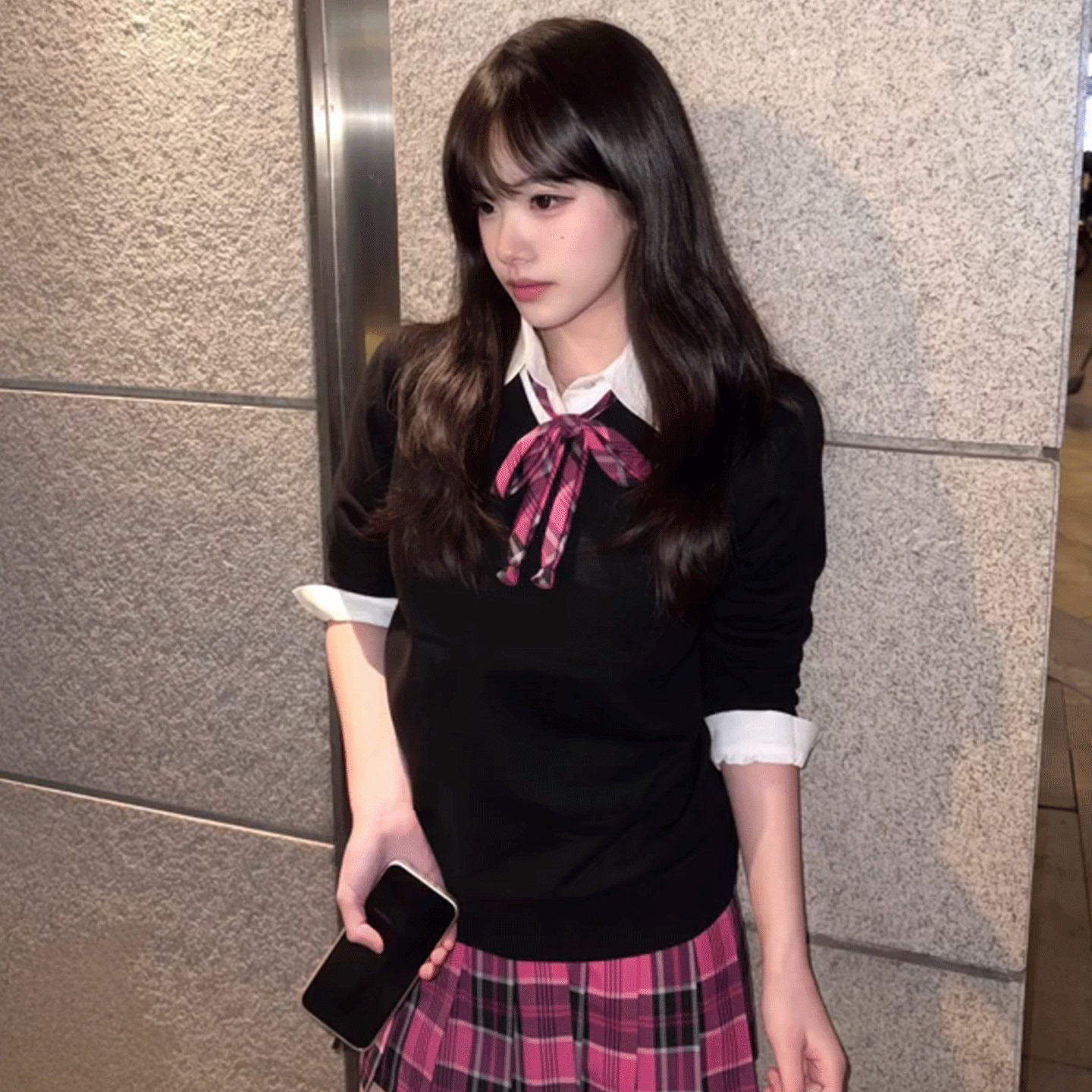 秋冬针织毛衣长袖外套jk格裙套装