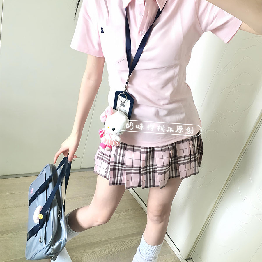 日系jk制服短袖POLO衫上衣女校供感学院风收腰显瘦素颜格裙子套装