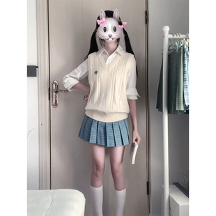 jk制服套装女春秋季校供叠穿针织衫背心马甲套头女正版松蓝jk格裙