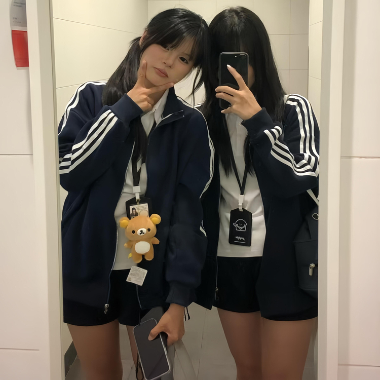 校供感长袖外搭外套女学生秋冬季新款白色拼色立领JK制服运动套装
