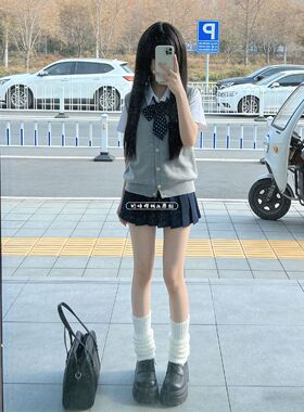 日系JK制服浅灰色针织毛衣马甲背心软妹衬衫短裙百褶裙套装衬衣女