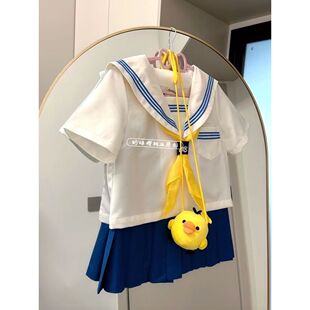 日系JK制服jk水手服蓝三本海军领短袖衬衣上衣校供感百褶裙套装女