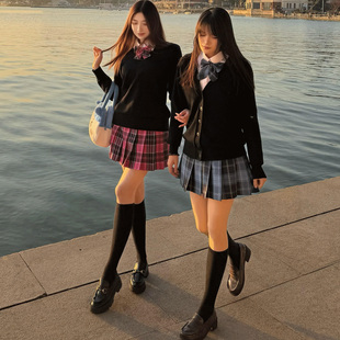 双子星jk制服正版学院风套装女黑色针织毛衣上衣格纹百褶裙四件套