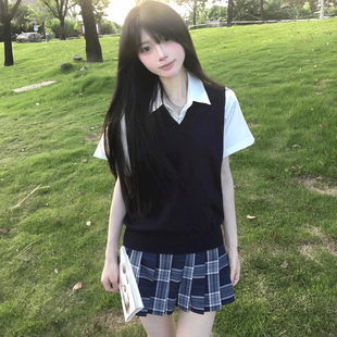 小田绫jk格裙女黑色针织背心夏秋季薄款日系校供感基础款内搭衬衣