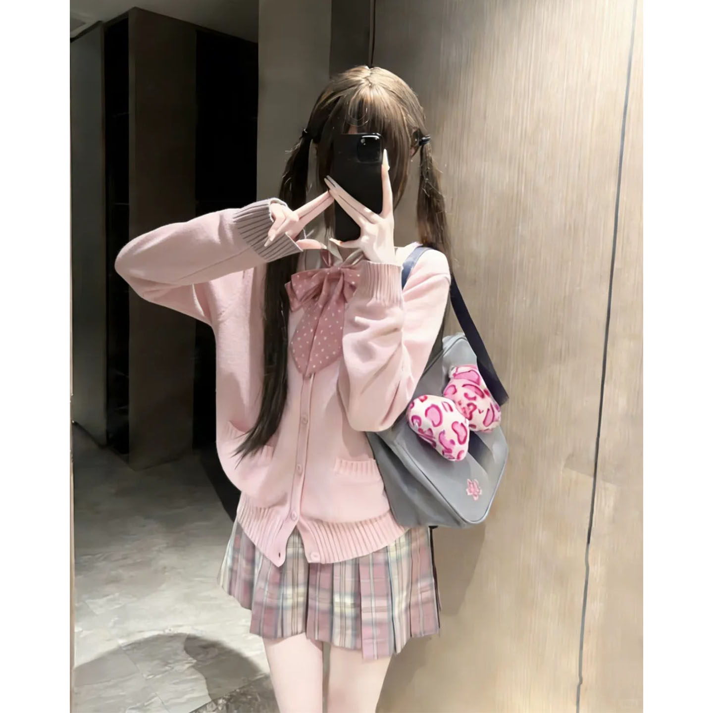 原创秋冬制服JK粉色长袖针织开衫外套樱奈春时格裙学院风套装女